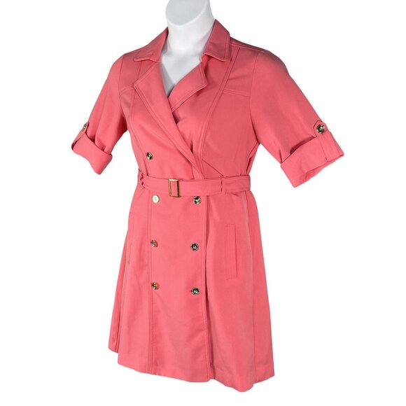 Sharagano 10 Coral Double Breasted Shirt Dress Pockets Belt Tab Sleeves Office - Picture 7 of 16